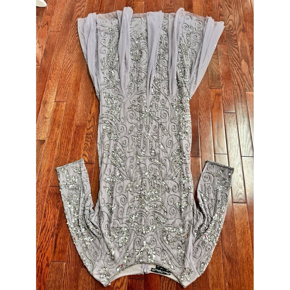 Pisarro Nights Mauve Grey Fully Embellished Beaded Quarter Sleeve Gown Dress 10p - Picture 12 of 12